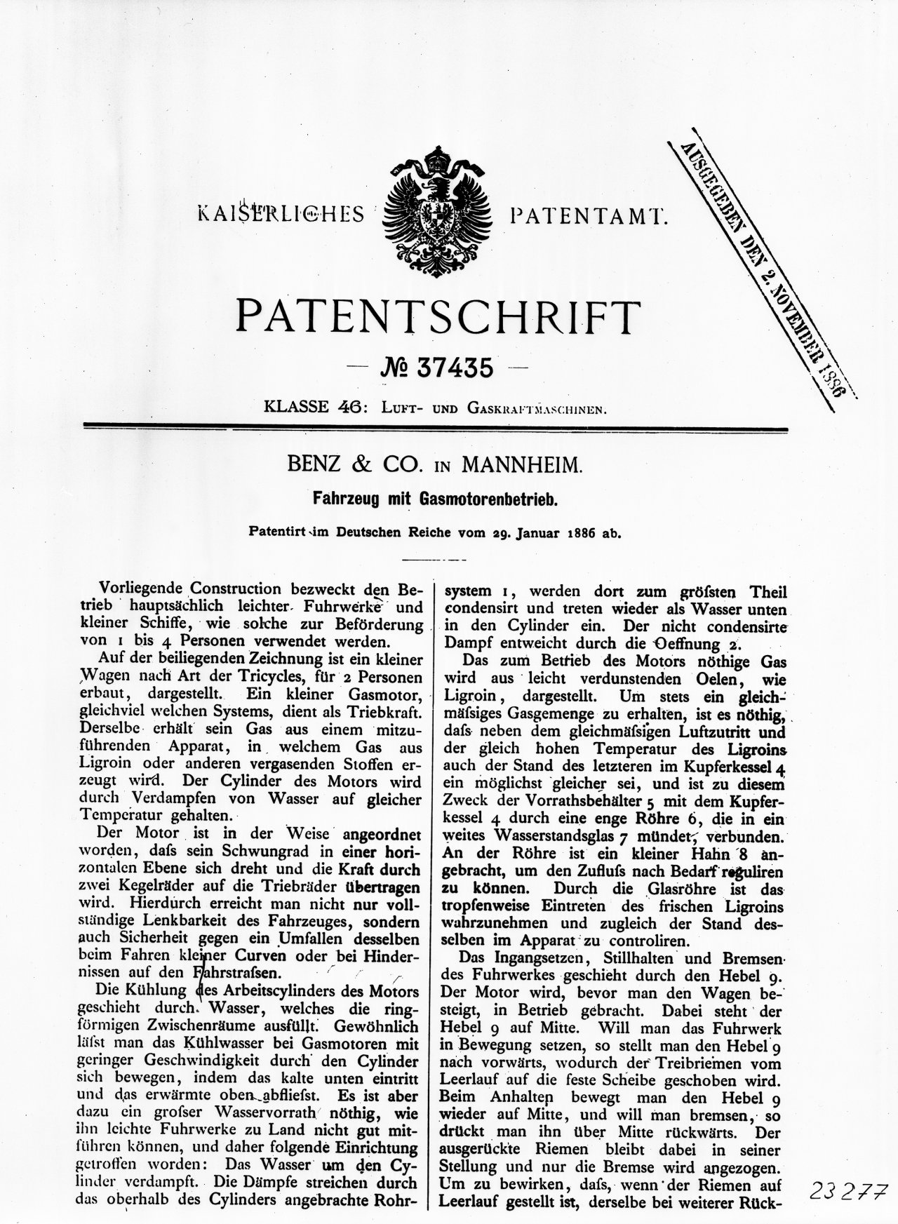 Rojstni list avtomobila: naslovna stran patentne prijave št. 37435 za motorni voz Caral Benza z naslovom »Vozilo z bencinskim motorjem«, vložene 29. januarja 1886.